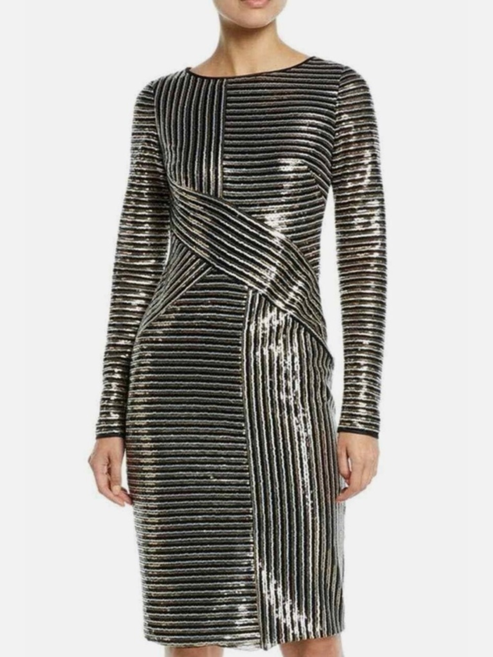 Theia Long-Sleeve Asymmetric Sequin Striped Party Dress Size 0